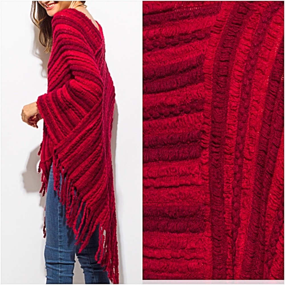 Red Boho Fringe Fuzzy Sweater Poncho O/S - Picture 4 of 7